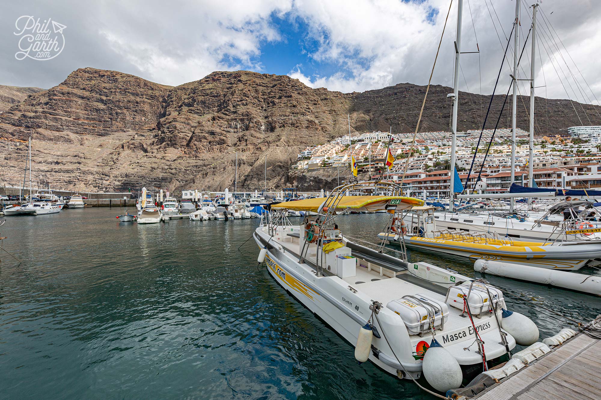 Dolphin and whale watching boat trips leave from Los Gigantes pretty marina