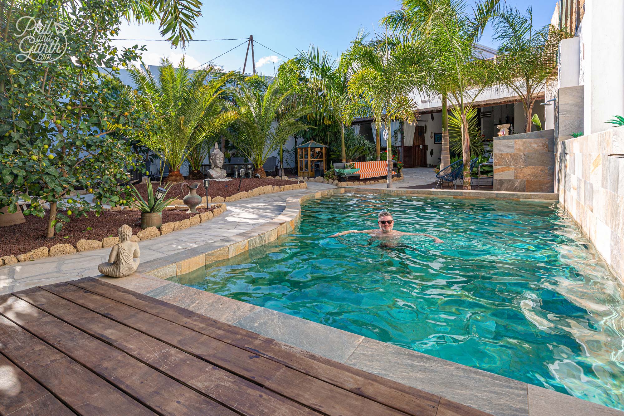 Phil enjoying the Bali style pool at Finca La Barca BnB Tenerife