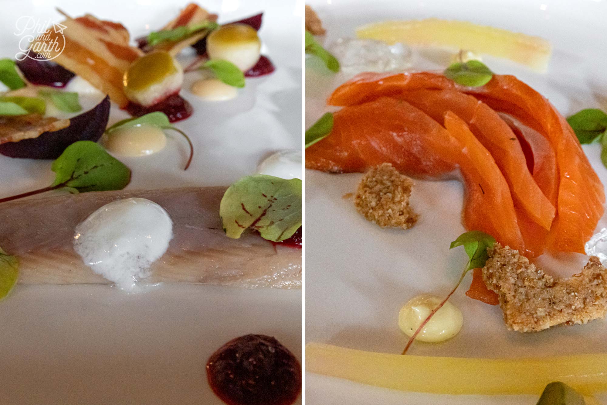 Our starters of cured salmon, gin jelly, wasabi and Smoked eel, pickled apple and beetroot