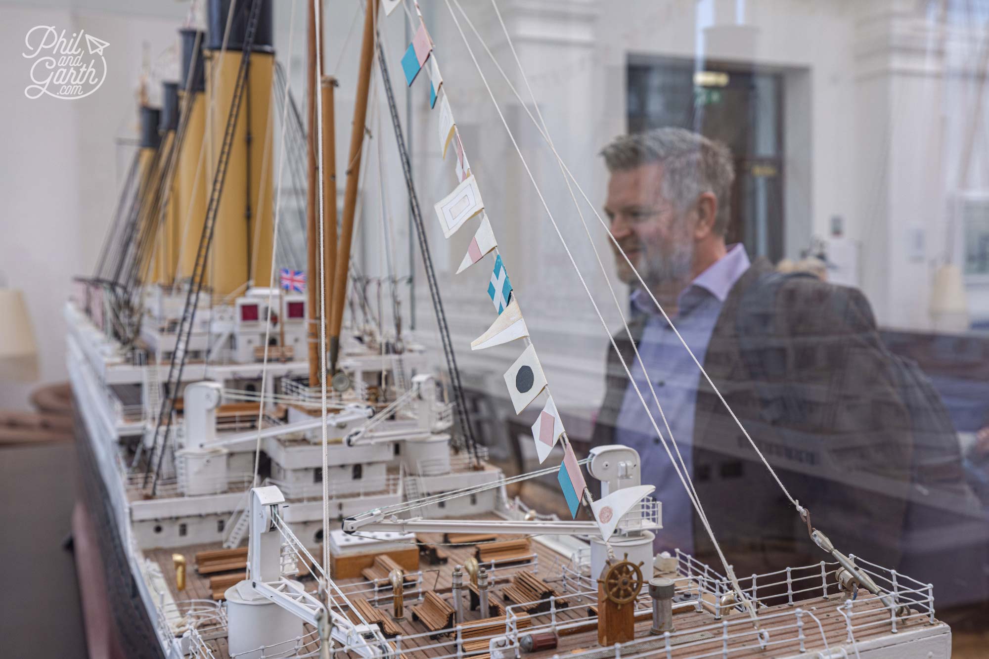 Phil admiring the model of Titanic in Drawing Office Two, Titanic Hotel Belfast