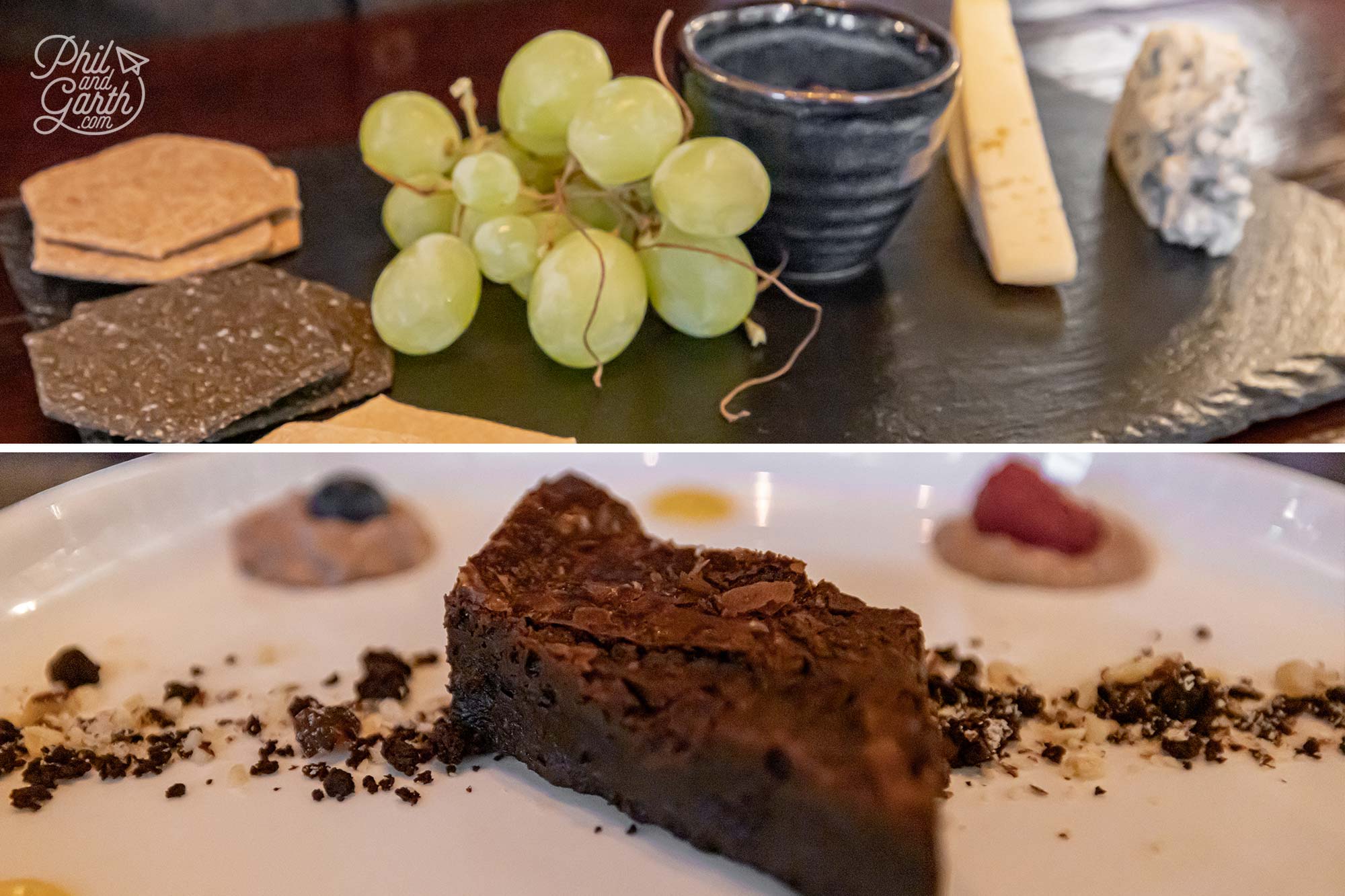a small cheese board and chocolate brownie for dessert