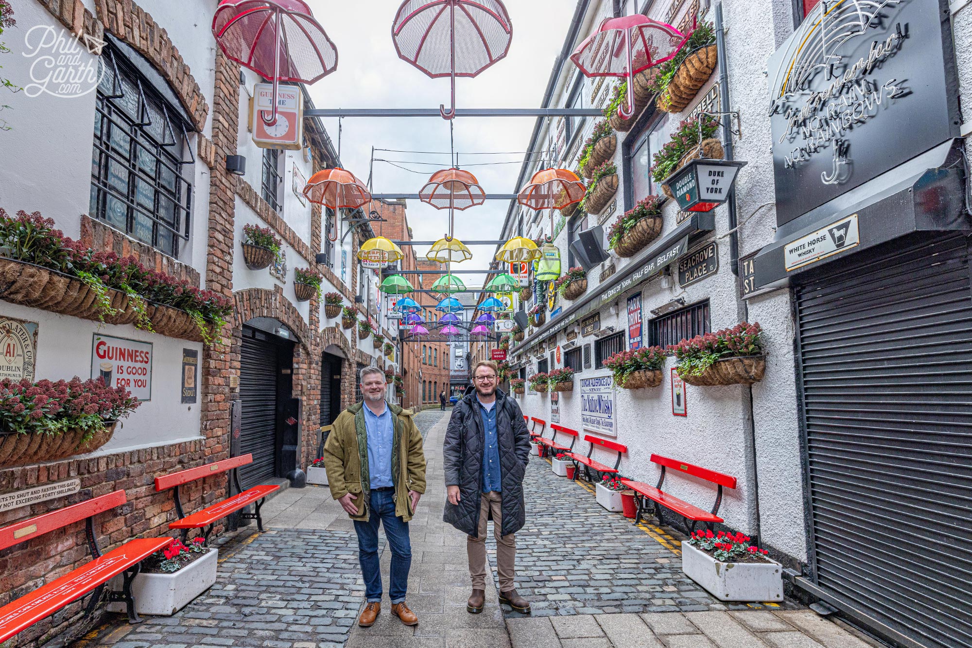 The rainbow umbrellas above Commercial Court Belfast