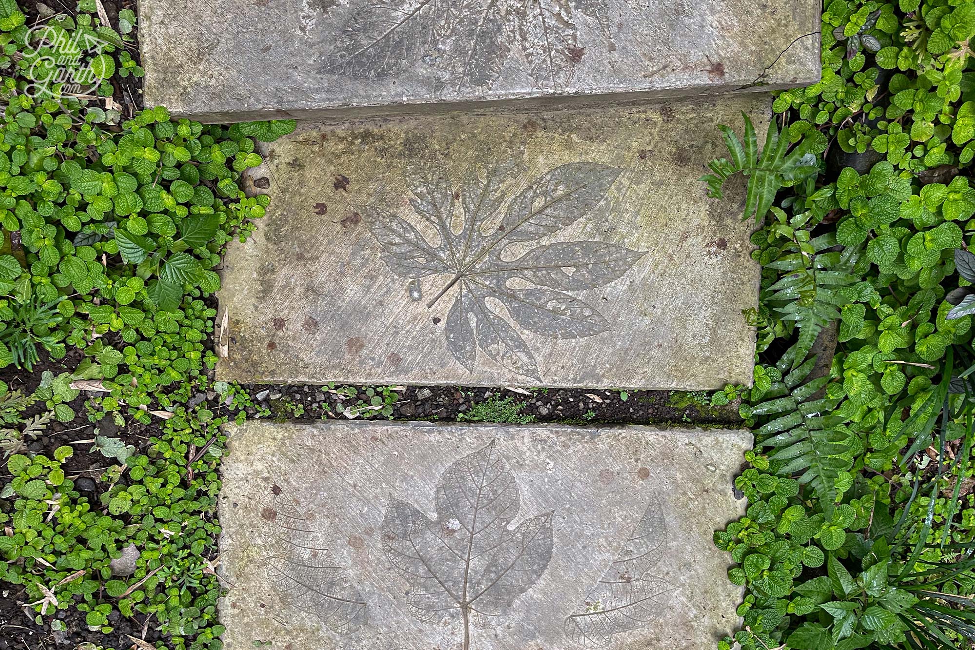 These concrete leaf imprints on the steps are a lovely detail
