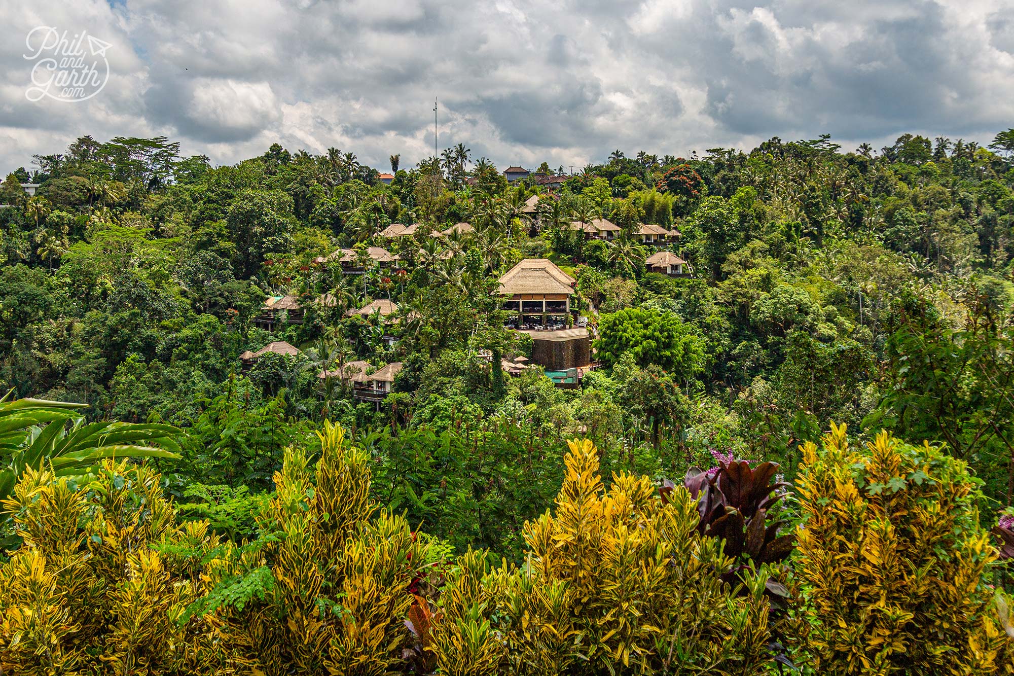 View of the Hanging Gardens of Bali from the Segara Madu Temple