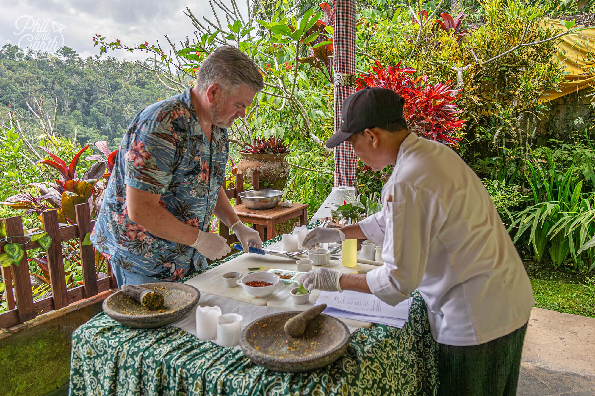 Phil and Surana start the cooking lesson