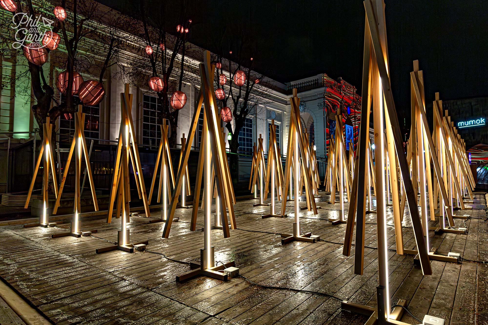 An installation of contemporary Christmas trees