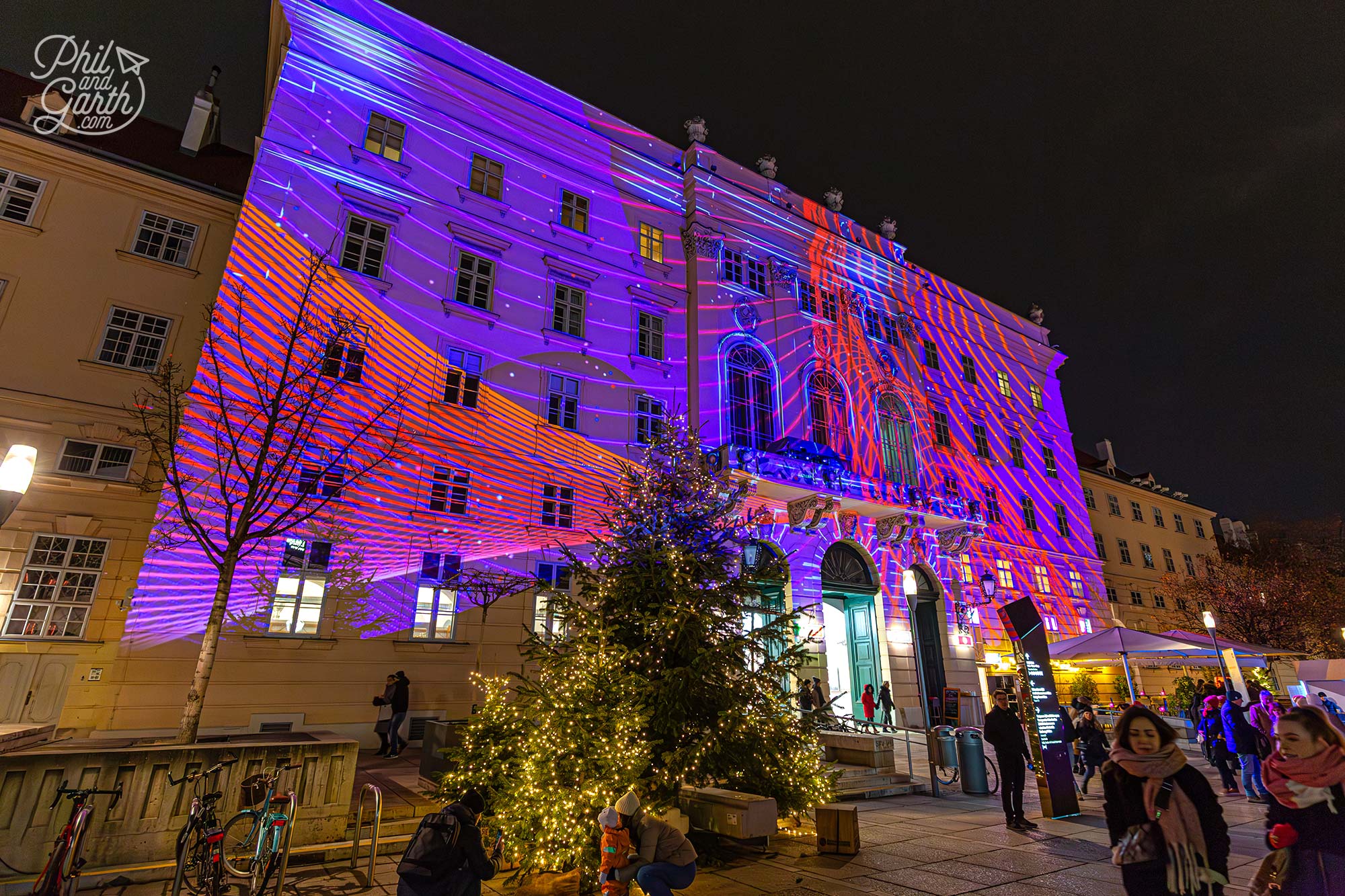 Light projections displayed on the elegant Baroque buildings at MuseumsQuartier (MQ)