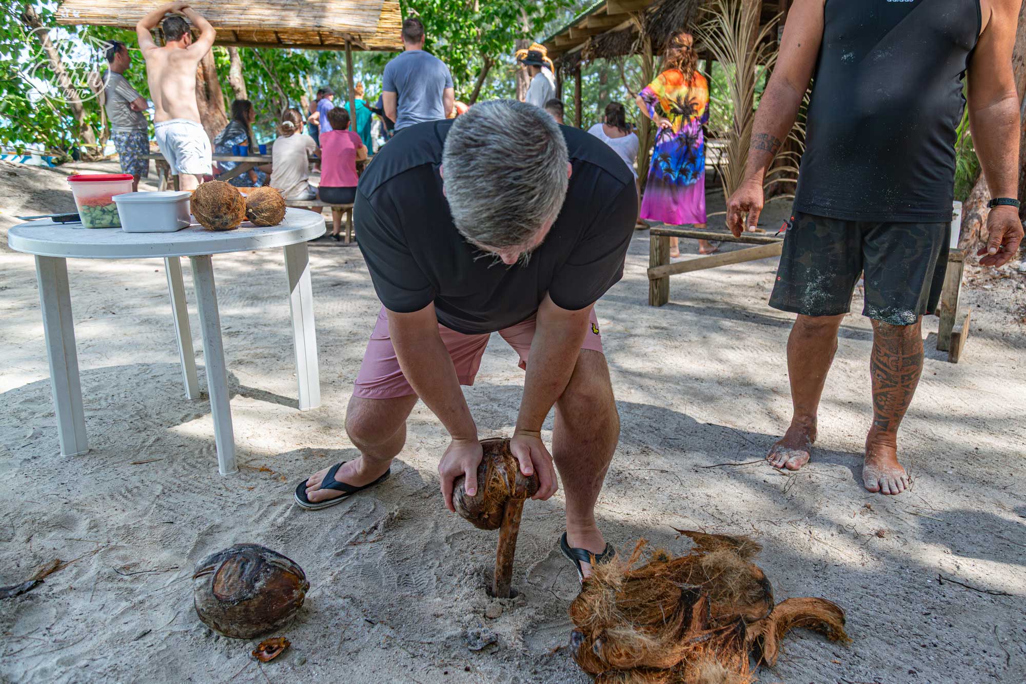 Phil learning how to dehusk and break open a coconut