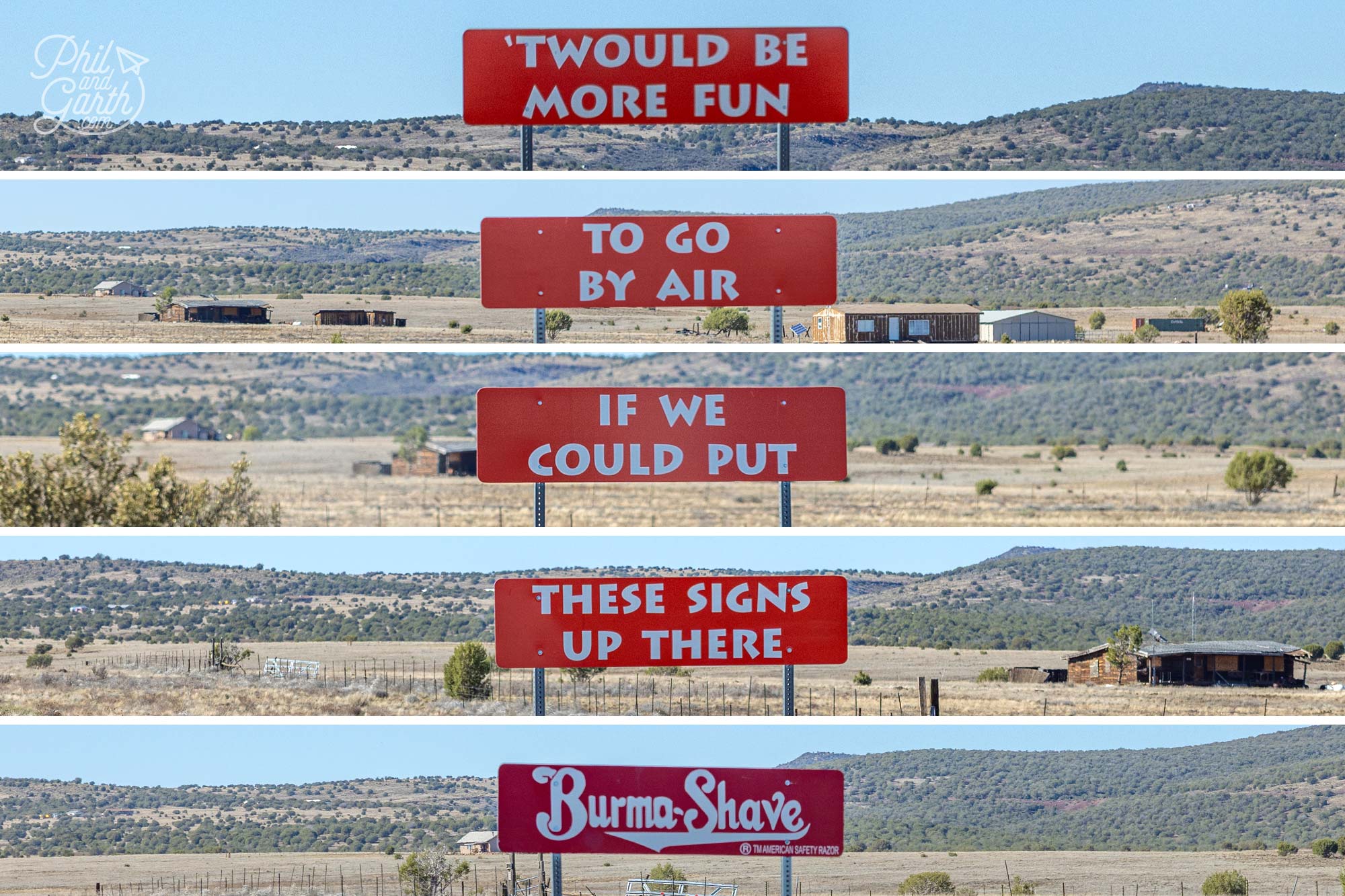 Classic red Burma-Shave signs along Route 66 with funny vintage rhymes — a nostalgic piece of American road trip history