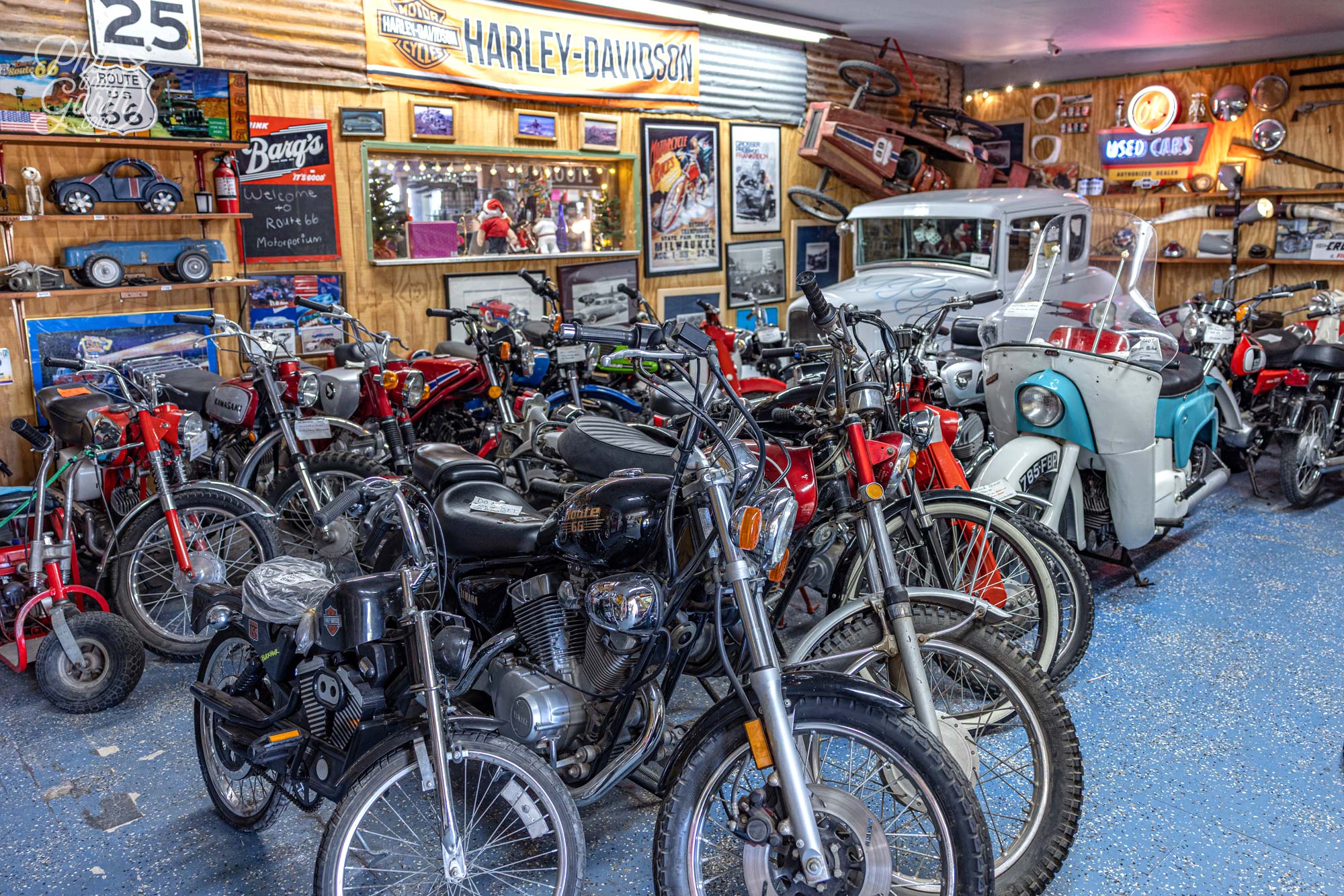 Historic motorbikes on display inside the Route 66 Motoporium Museum