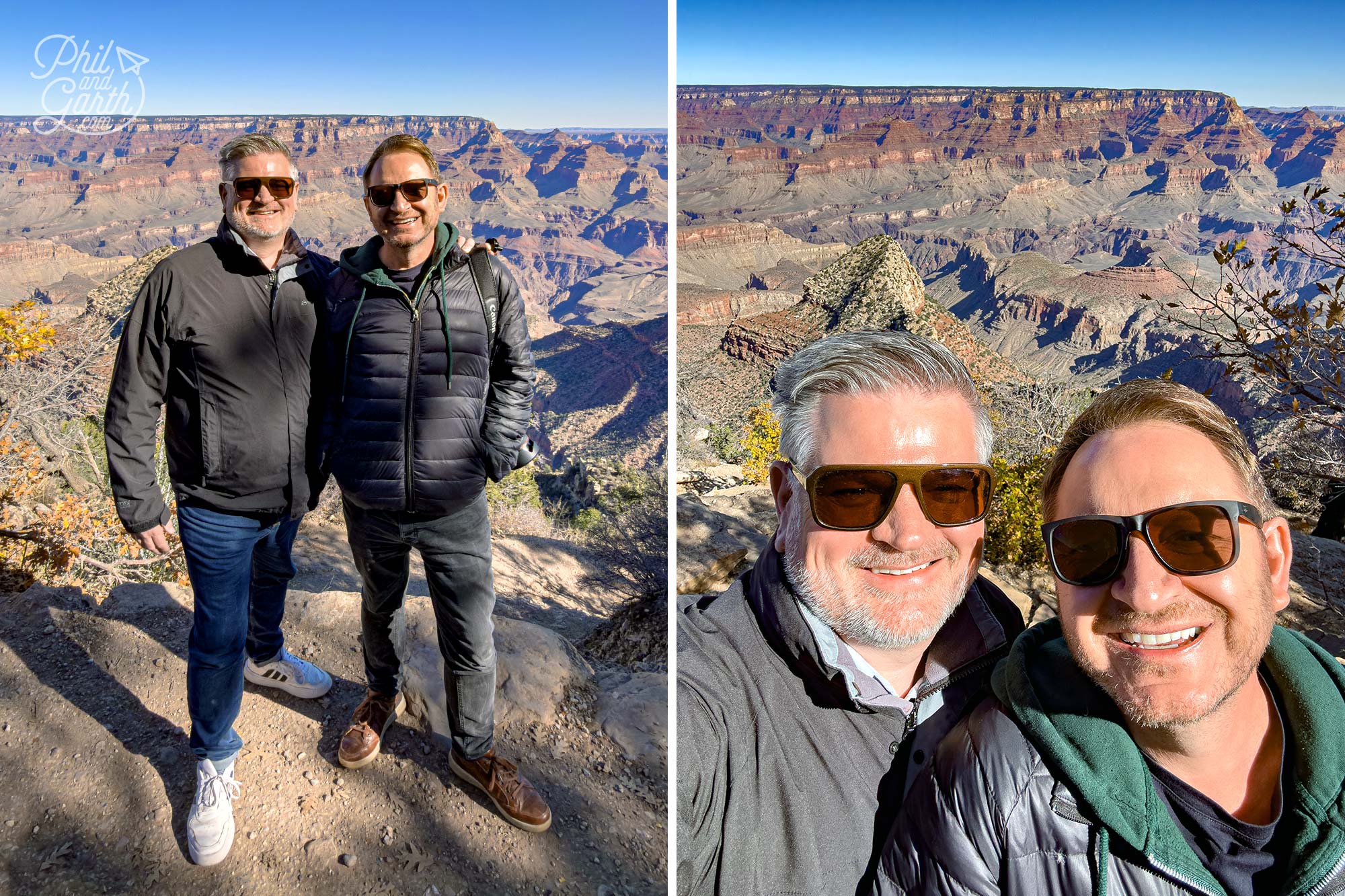 Ken from MaxTour takes another photo of us and we take a selfie at selfie at Grandview Point on the Grand Canyon South Rim with breathtaking canyon views behind