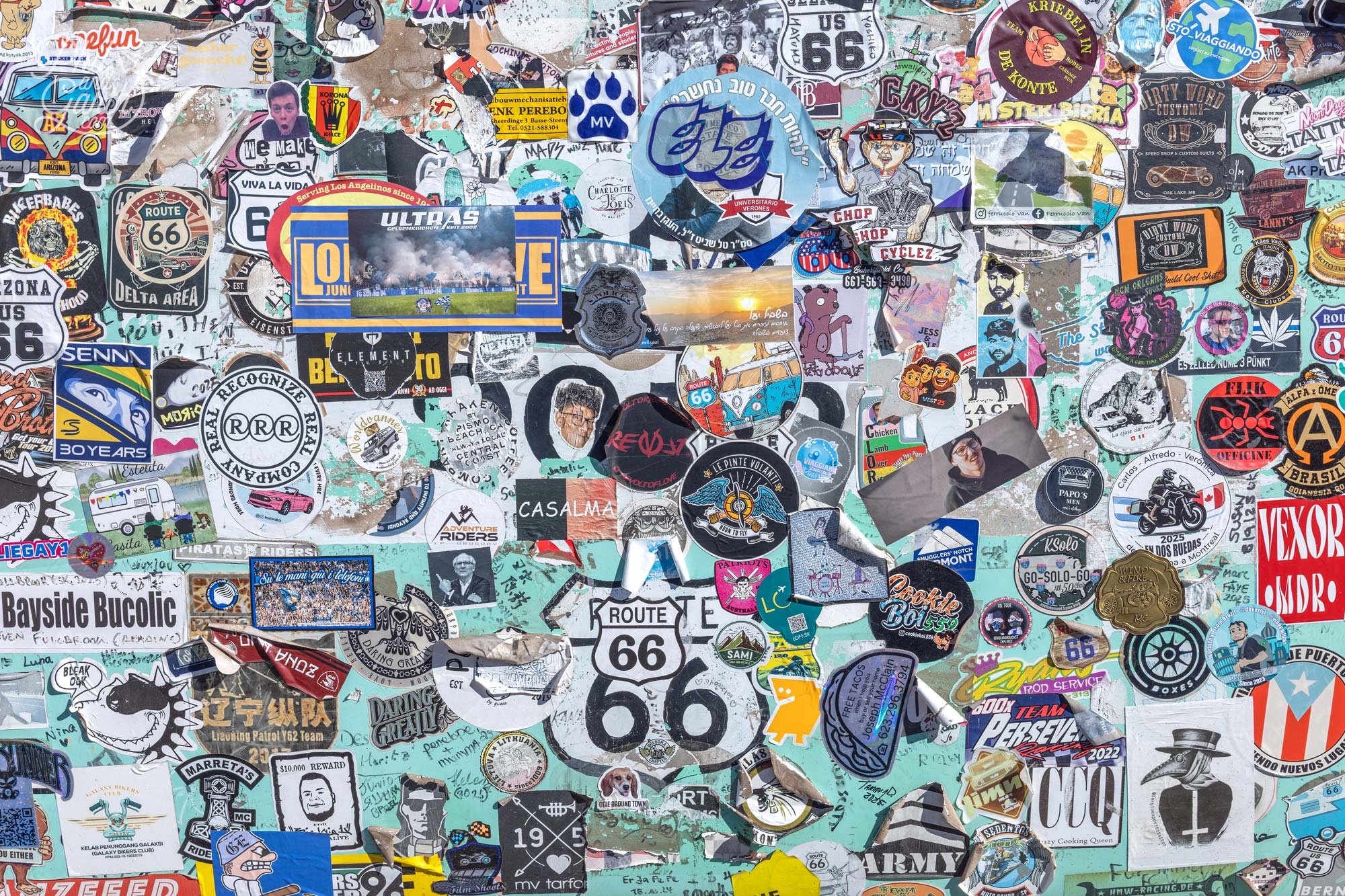 Route 66 stickers cover a VW van