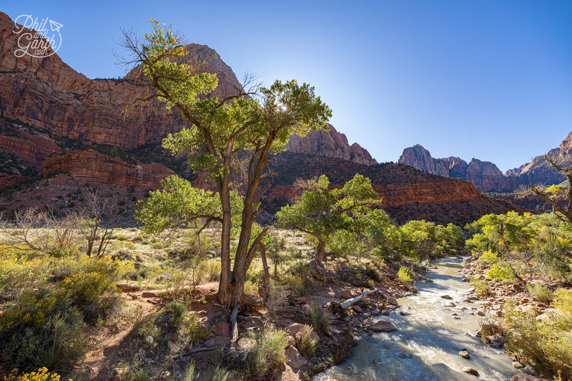Stunning red rock cliffs and blue skies at Zion National Park, Utah