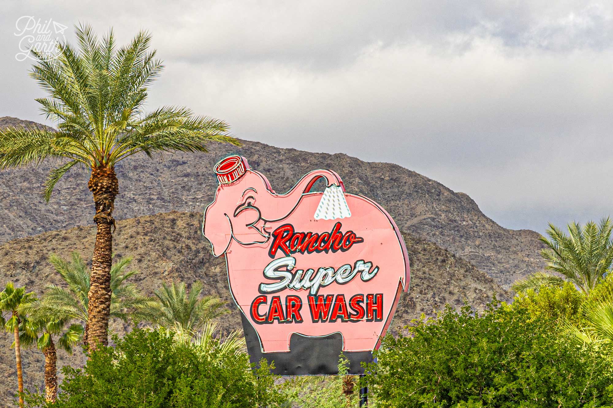 One of the best Palm Springs photography spots - the iconic 1960s Rancho Car Wash elephant sign