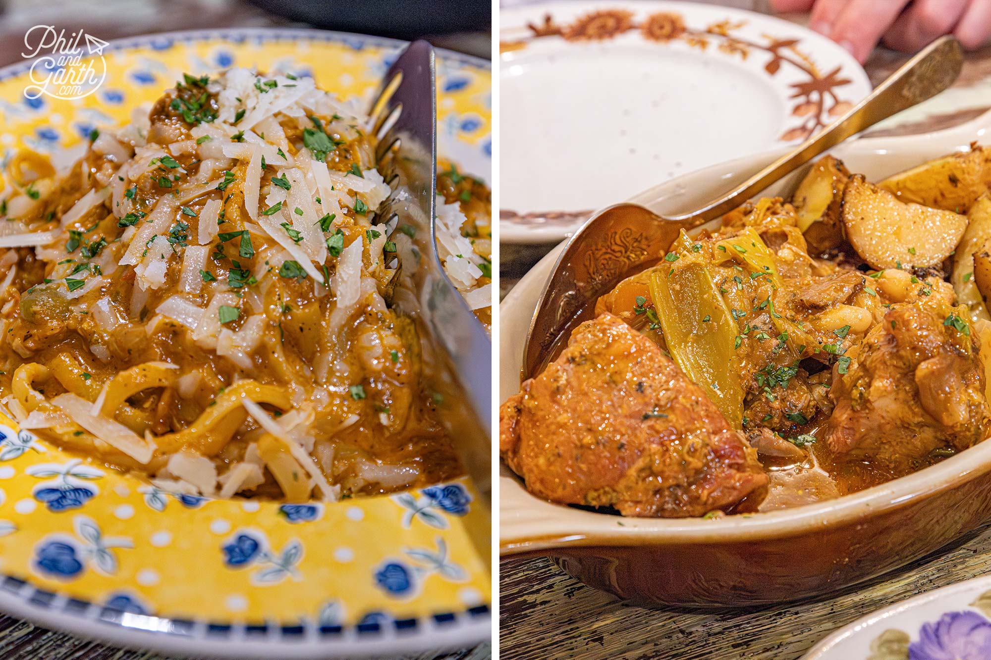 3rd and 4th courses - Rabbit linguine followed by slow cooked pork stew and rosemary potatoes