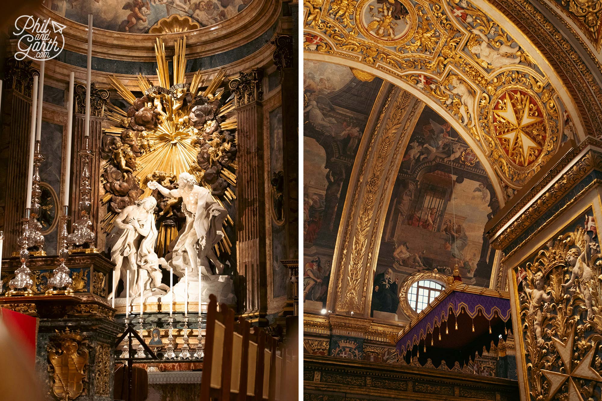 The spectacular Baroque ceiling is covered in colourful frescoes celebrating the history of the Knights of St John