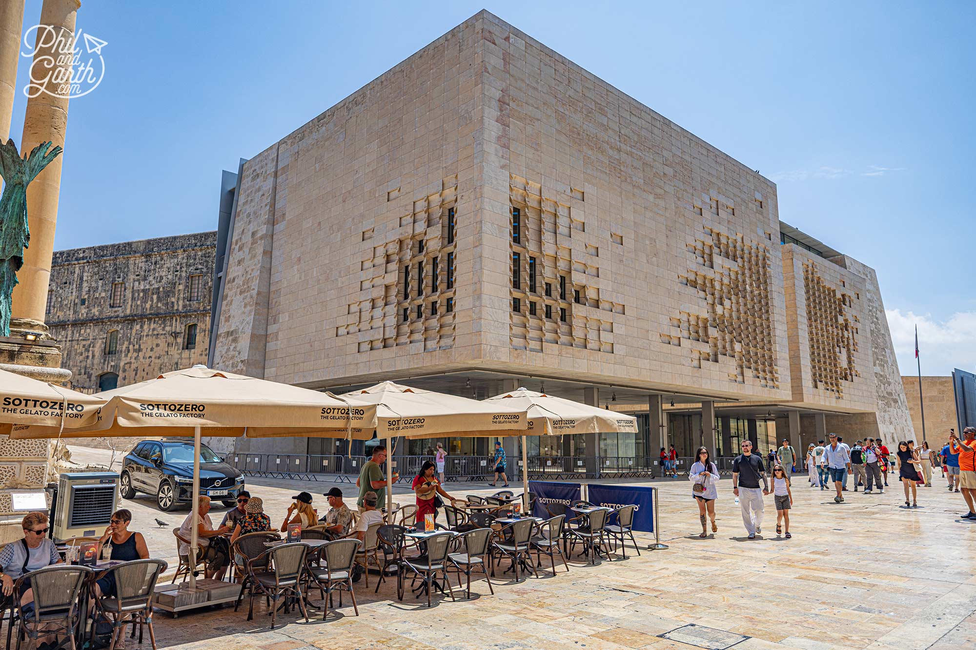 Valletta's modern Parliament Hous, provides a striking contrast to the city's centuries old limestone buildings
